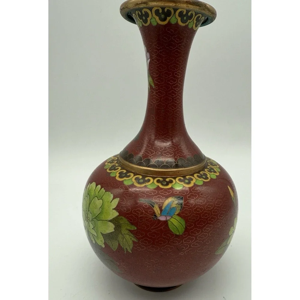Vintage Jingfa Chinese Enamel on Brass Cloisonné‎ Red Floral Vase 8.25